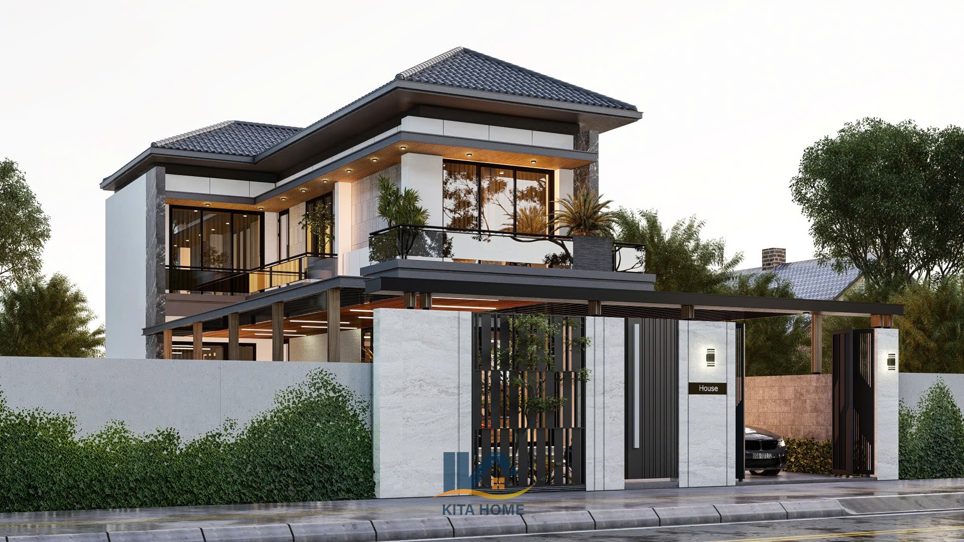Nhà 2 tầng mái nhật chữ L