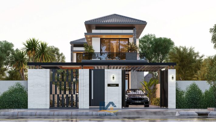 Nhà 2 tầng chữ L mái Nhật