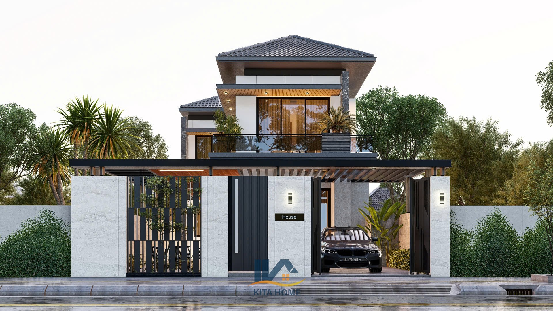 Nhà 2 tầng chữ L mái Nhật