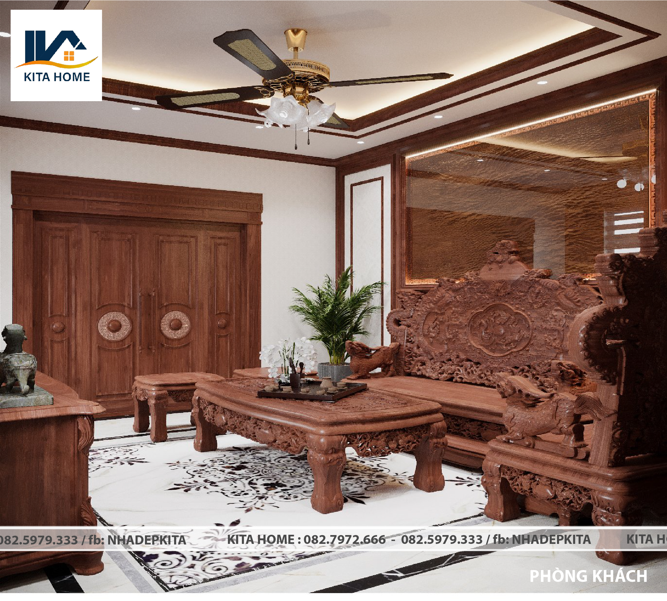 Thiết kế nội thất phòng khách gỗ tự nhiên nhà anh Tuấn