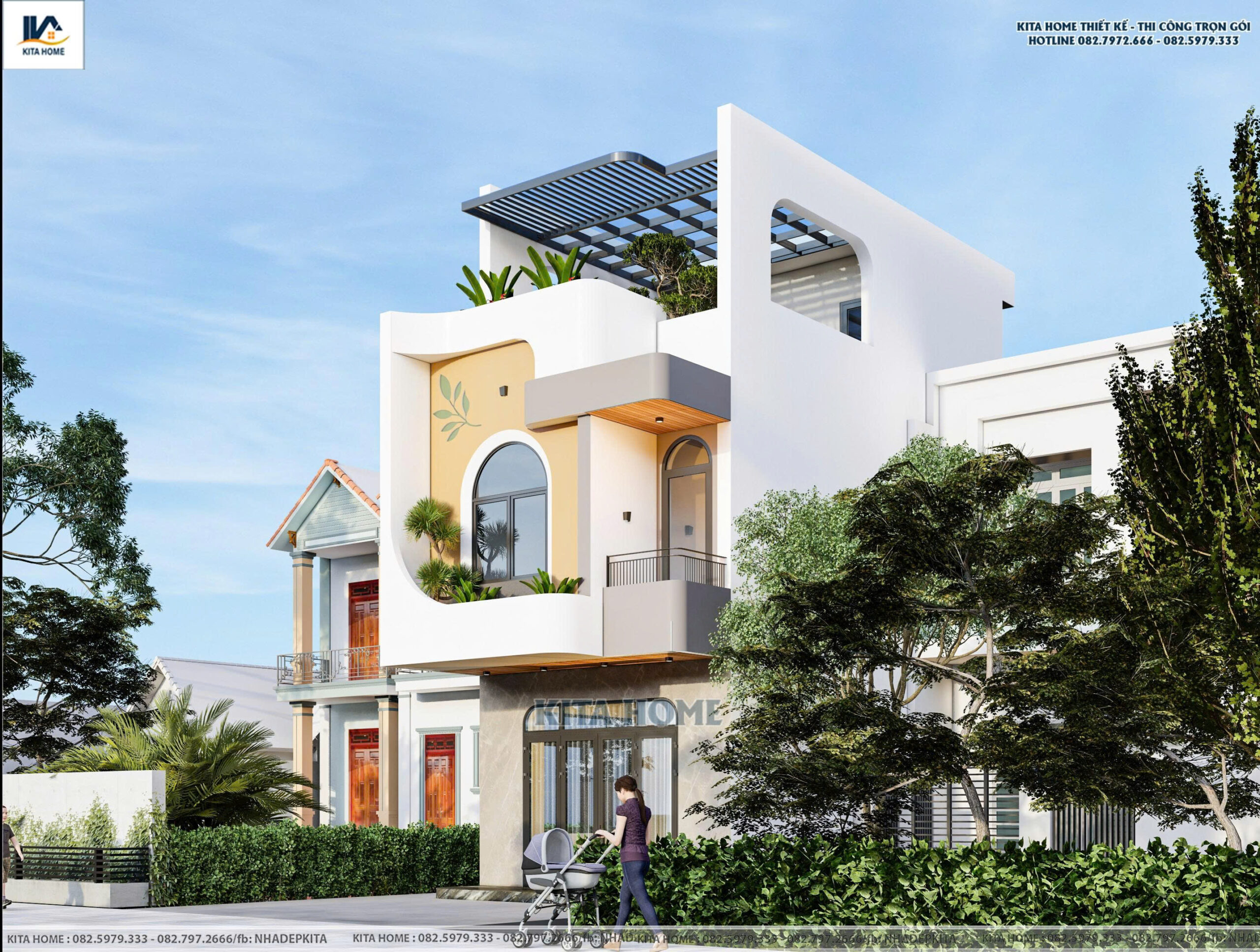Phối cảnh 3D ngoại thất nhà phố 2 tầng 1 tum hiện đại chị Nga Đắk Lắk