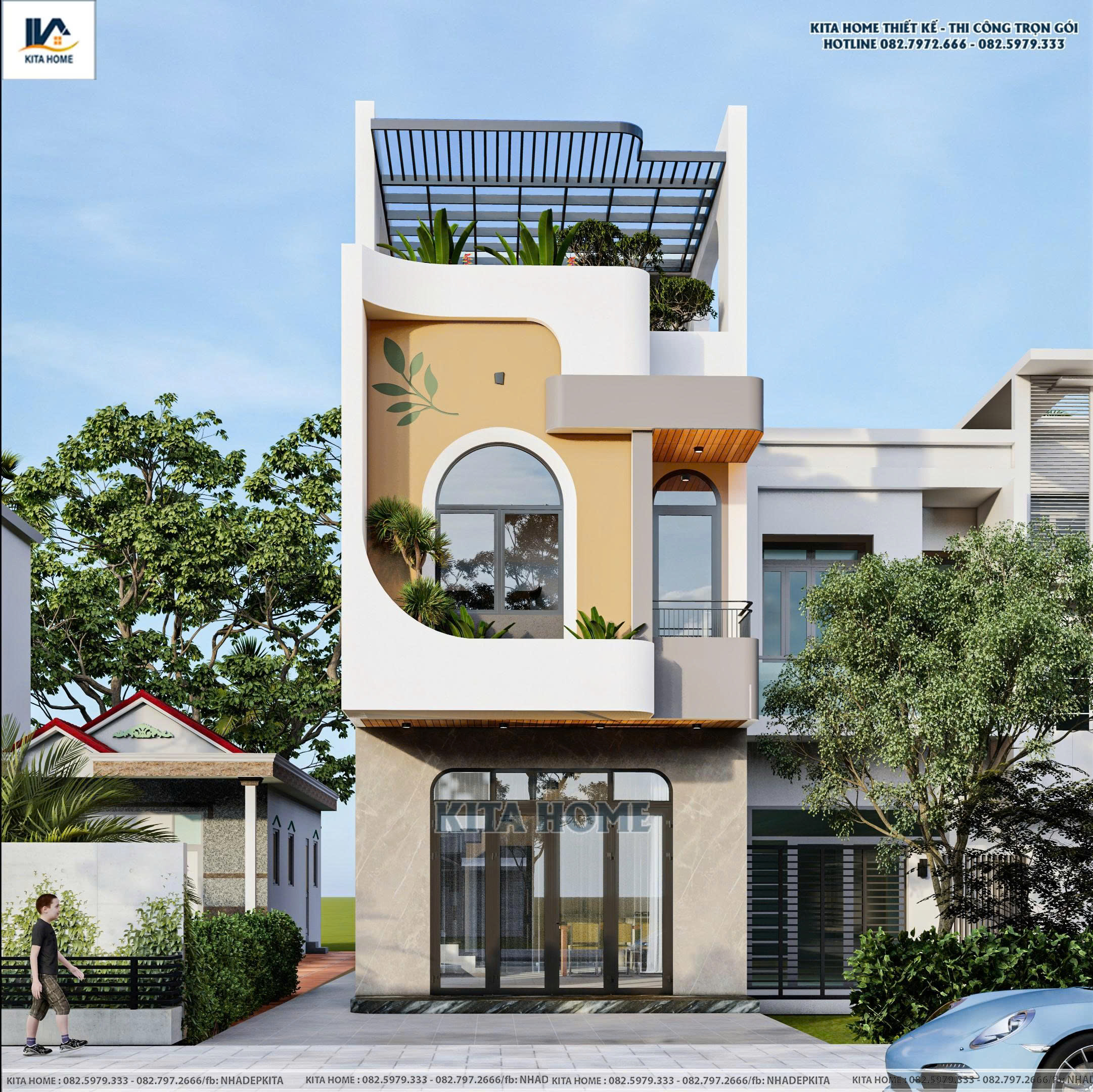 Phối cảnh 3D ngoại thất nhà phố 2 tầng 1 tum hiện đại chị Nga Đắk Lắk